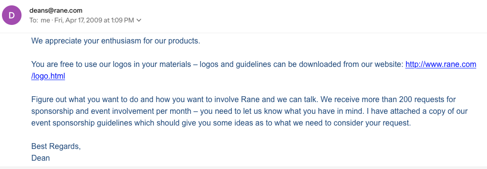 2009 Email from Dean at Rane to The-Lost-Art.com — First Contact, Sponsorship Discussion