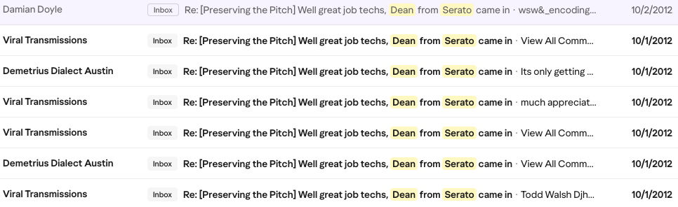 October 2012 — Email Thread: Dean from Serato Engages with The-Lost-Art.com Community